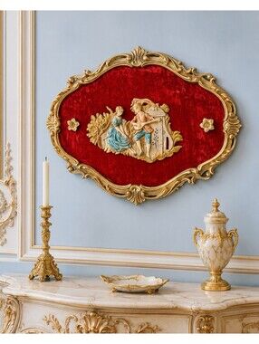 Empire Italy 1960s Wall Plaque Courting Couple Mandolin Rococo Red Velvet 20x15"